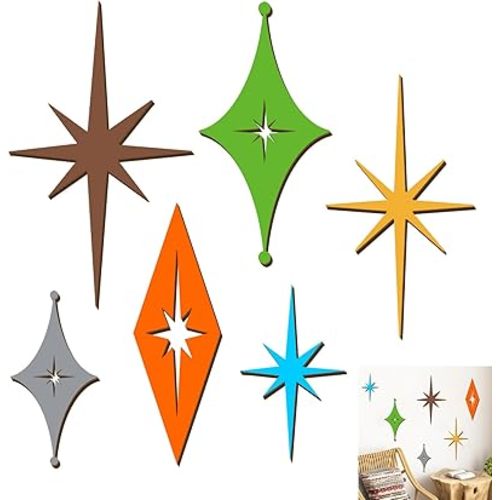 6 Pcs Wooden Star Wall Decor Colorful Starburst Walls Art Mid Century Modern Wall Decorations Atomic Stars Decals Rustic Indoor Outdoor Art Hangings Plaque for Living Room Bedroom Office Home Accents