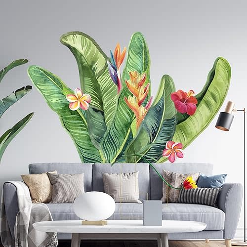 Giant Tropical Palm Leaf Wall Decals Peel and Stick - Large Tropical Green Leaves Flowers Wall Stickers Removable - Vinyl Jungle Wall Decal Decor for Living Room Bedroom Bathroom
