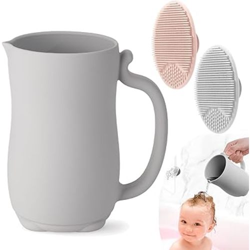 Baby Bath Rinse Cup, Silicone Baby Shampoo Rinser with 2 Pack Cradle Cap Brush for Kids Toddler Body Washing (Grey)