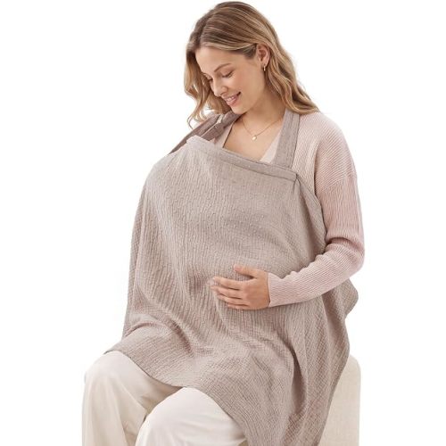 Blissful Diary Muslin Nursing Cover for Breastfeeding, Breathable Breastfeeding Cover up with Arch Neckline for Women, Nursing Apron (Dotted Agreeable Gray)