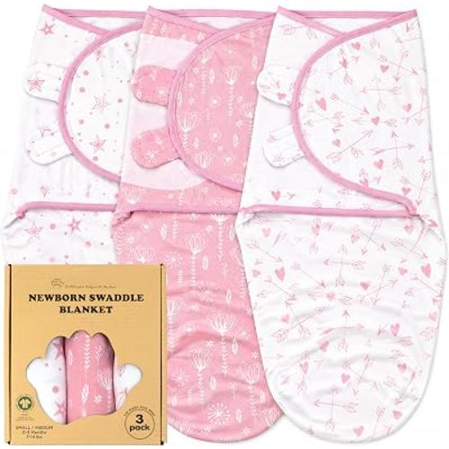 Newborn Swaddle Blanket 3-Pack, S/M 0-3 Months, GOTS Certified Organic Cotton, Adjustable Hook-and-Loop Wrap, Soft Breathable Sleep Sack, Reduces Startle Reflex for Boys & Girls