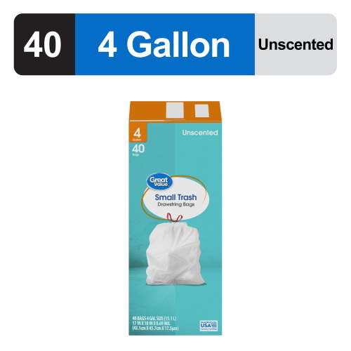 Great Value 4-Gallon Small Drawstring Trash Bags, 40 Count for Small Loads