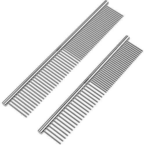 CWXZSTM Pet Steel Combs Dog Cat Comb Tool for Removing Matted Fur - Pet Dematting Comb with Rounded Teeth and Non-Slip Grip Handle - Prevents Knots and Mats for Long and Short Haired Pets,6.5IN/7.4IN