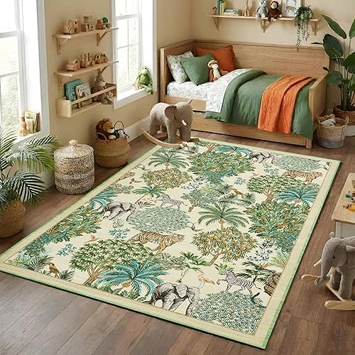 GarveeHome Jungle Animal Print Rug 5x7 Washable Area Rugs for Living Room, Forest Rug Non Slip Low Pile Stain Resistance Large Throw Carpet for Bedroom Dining Room Kids Playroom Nursery, Beige
