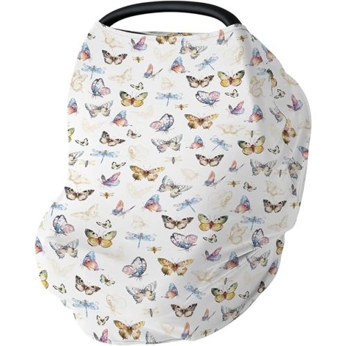 Boho Butterflies Dragonflies Baby Car Seat Covers Vintage Butterflies Stretchy 5-in-1 Cover Adjustable Infant Carseat Cover Canopy Garden Meadow Breathable Nursing Cover-Up