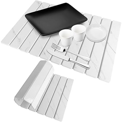 Stone Drying Mat, 23.62"x15.35" Marble-Pattern Quick Dry Dish Mat, Elegant Absorbent Diatomaceous Earth Mat for Dishes Countertop Sink Bathroom, Includes Sanding Block