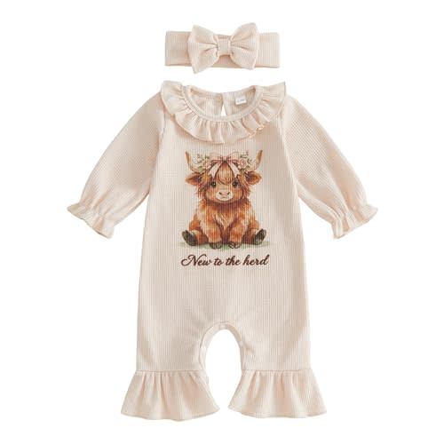 Newborn Baby Girl Western Clothes Cowgirl Outfit New to the Herd Highland Cow/Pony Romper Long Sleeve Waffle Jumpsuit
