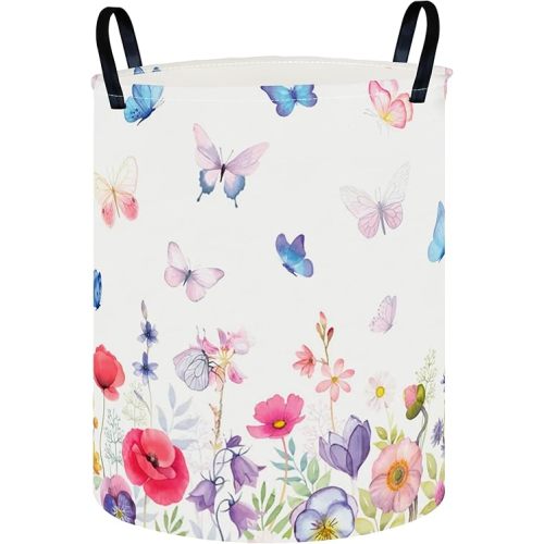CLOCOR Round Collapsible Flat Storage Basket,Space-Saving Fabric Laundry Hamper for Clothes,Nursery Hamper,Gift Basket(Butterfly Flower)