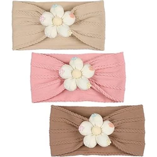 MIUXUESO 3 Piece Baby Girls Flower Headband, Florals Nylon Headband Soft Comfortable Elasticity Hairbands Baby Shower Newborn Essentials for Infant Toddlers (Beige Pink Khaki)