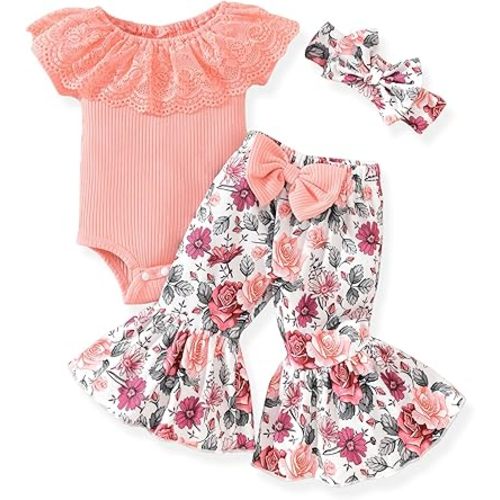 HINTINA Newborn Baby Girl Short Sleeve Bodysuit Flared Pants Ribbed Outfits