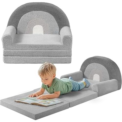 little dove 2-in-1 Kids Couch, Extra Wide Soft Toddler Couch Fold Out, Convertible Kids Sofa to Lounger, Comfy Toddler Chair, Kid Furniture for Playroom, Ideal Gifts for Boys & Girls, Gray