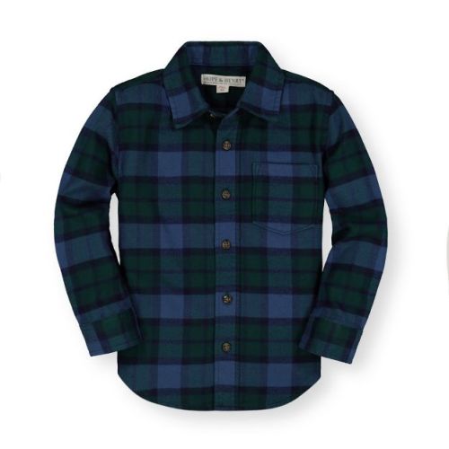 Hope & Henry Boys' Brushed Flannel Button Down Shirt (Large Green & Dark Blue Plaid, 6-12 Months)