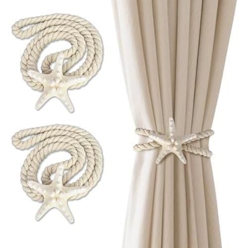 2 Pcs Natural Starfish Curtain Tiebacks, Handmade Woven Rope Curtain Curtain Ties Blinds Accessories for Outdoor, Home, Office,Hotel, Living Room Curtain Decoration (Breadfish Starfish)