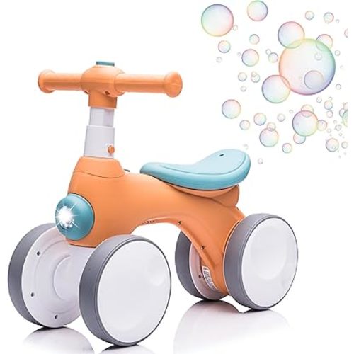 Baby Balance Bike 1 Year Old with Music, Lights, Bubble Machine, 4 Wheels Pedal-Less Toddler Ride on Toys for 12-36 Months Birthday Gift, Toddler boy Toys（Orange&Green）
