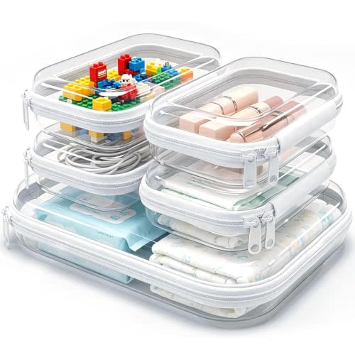 Clear Hard Shell Zipper Case,5 Pack Diaper Bag Organizing Pouches,Clear Travel Makeup Case,Hard Plastic Zipper Case Travel Toiletry & Cosmetic Bag,Toy and Make Up Organizer Pouch (1L 4S)