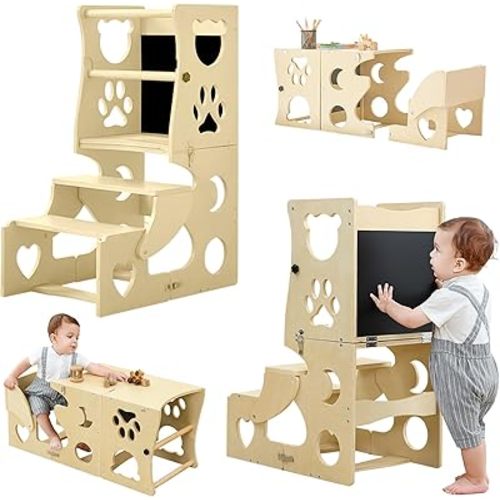 Toddler Kitchen Step Stool - 3 in 1 Montessori Toddler Standing Tower with Safety Rail & Chalkboard, Learning Standing Tower, Weaning Table, Wooden Kitchen Stool Helper for 1-3 Year Old Boy Girl Gifts