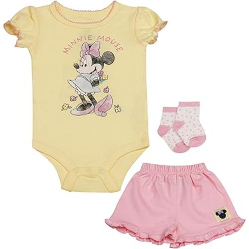 Disney Baby Girls 3-Piece Short Set – Bodysuit, Shorts & Socks – Minnie Mouse, Pooh, Stitch & 101 Dalmatians – (0-9M)