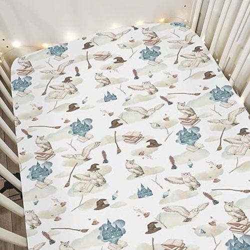 Vintage Wizard Owls Baby Crib Sheets for Boy Girl 52"x28" Witch Hat Books Castle Clouds Soft Snug Fitted Crib Mattress Cover Magics Wizard Universe Baby Sheet for Standard Crib & Toddler Mattress Pad