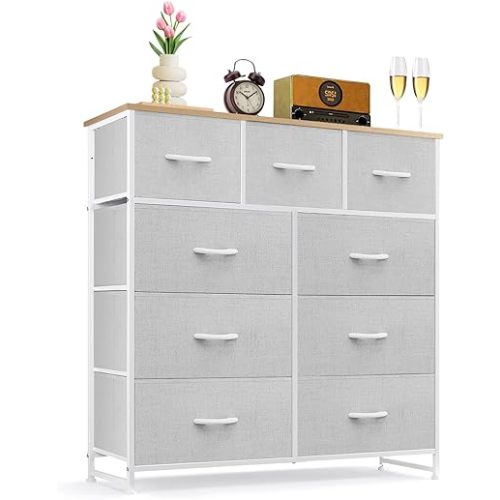 9-Drawer Dresser for Bedroom, Anti-Tip Tall Storage Organizer Chest of Drawers with Wooden Top and Metal Frame Fabric Bins for Closet, Living Room, Hallway, Entryway, Light Gray