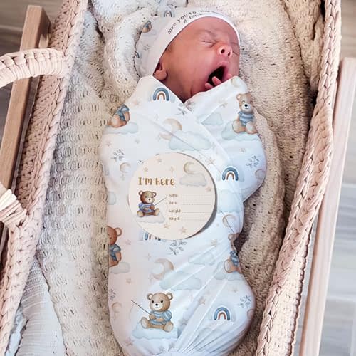 Ylsteed Baby Swaddle Blanket and Headband Set, Newborn Receiving Blanket Swaddle Wrap for Girls and Boys, Swaddling Blankets Neutral for Newborn， Soft and Skin-Friendly 32 * 32 inches (Blue Bear)