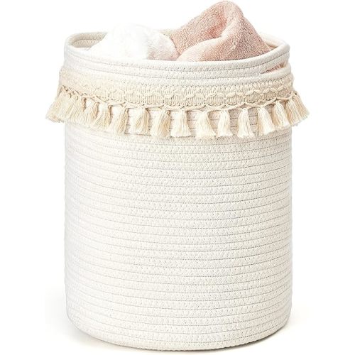 Mkono Macrame Decorative Cotton Rope Basket Boho Nursery Decor Small Cute Woven Tassel Closet Storage Bins Organizer for Baby Toys,Magazines, Potted Plants Cover,Living Room,Bedroom, 15.7"x19.6"