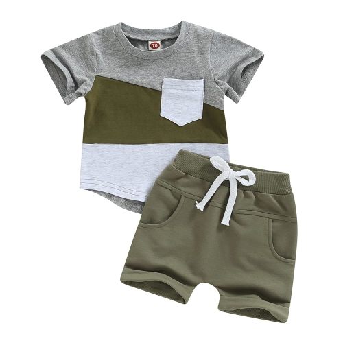 fhutpw Baby Toddler Boy Clothes Summer Outfits 6 12 18 24 Months Patchwork Short Sleeve T Shirt & Shorts Sets with Pockets