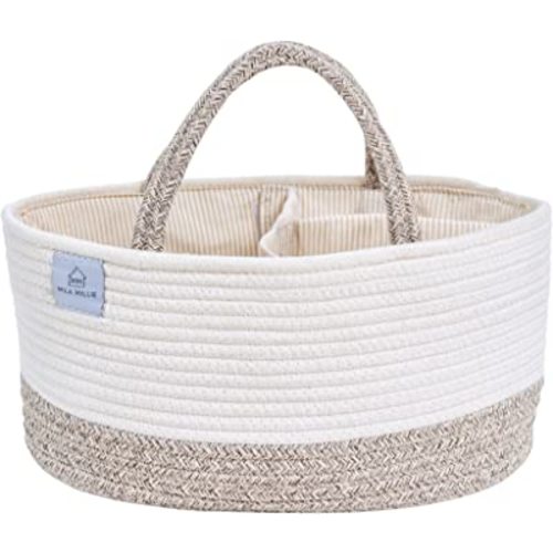 Baby Extra Large Cotton Rope Diaper Caddy, Organizer Storage Bin for Nursery Essentials, 100% Natural Cotton Eco friendly, Organizer with Removable Divider (White & Brown)