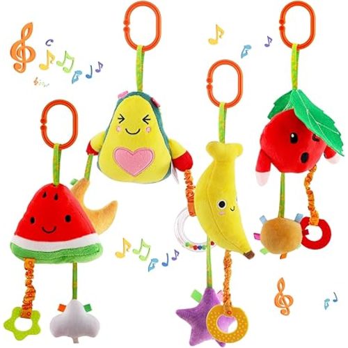KAKIBLIN Baby Hanging Rattle Toys, 4 Pack Car Seat Stroller Toys Soft Squeaky Toy for Baby Newborn Infant Car Crib Travel Activity with Teether for Boys Girls, Toys for 0 3 6 9 12 Months, Fruits-A