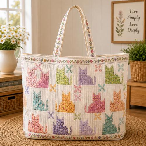 Quilted Laundry Basket, Cat Quilt Storage Bin, Pastel Cat Hamper, Cute Pet Lover Basket, Nursery Toy Organizer, Blanket Storage SRD-MXM05