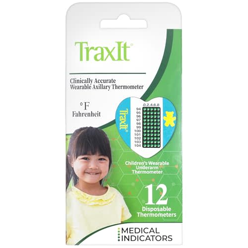 Underarm Thermometer Sticker for Kids, Babies 6+ Months (12-Pack, Fahrenheit) — Wearable for Up to 48 Hrs with Continuous Temperature Readings, Battery Free, Single Use, Disposable Thermometer