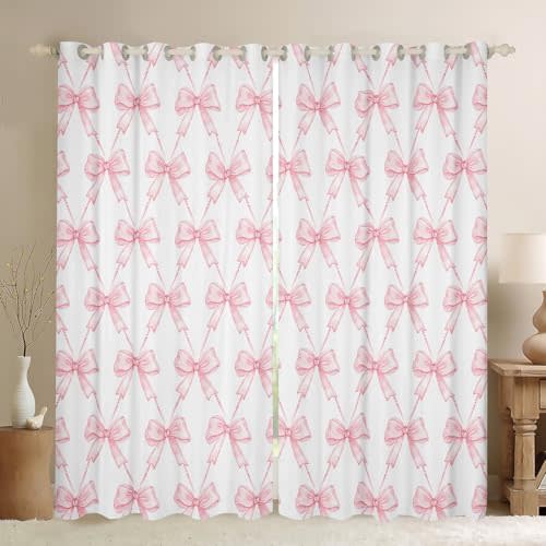 Feelyou Bow 30%-50% Room Darkening Blackout Curtain Boys Girls (2 Panels, 42 x 84 Inch) Pink Girls Bow Curtains for Bedroom Living Room Cute Bowknot Blackout Curtains Kawaii Window Treatments