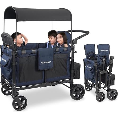 WONDERFOLD W4 Elite Stroller Wagon (4 Seater) - Collapsible Wagon Stroller with Seats with 5-Point Harnesses, Adjustable Push Handle, and Removable UV Sun Canopy, Noble Navy