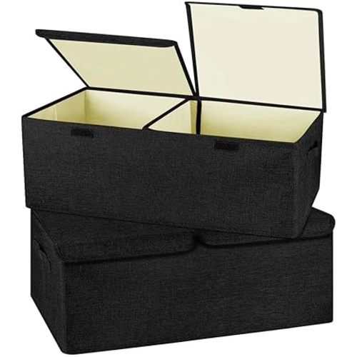 2 Pack Large Linen Fabric Collapsible Storage Bins with Lid and Handles, Washable Storage Box Baskets Cube with Removable Divider for Bedroom,Closet,Office,Living Room,Nursery (Black, Small)