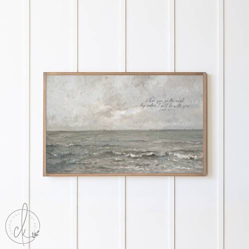 When You Go Through Deep Waters, I Will Be With You | Framed Wall Art | Vintage Ocean Painting | Isaiah 43:2 | Christian Home Decor | W118