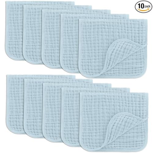 Comfy Cubs Muslin Burp Cloths 20" x 10", Pack of 10 - Large, 6-Layer, Ultra Absorbent 100% Cotton for Baby Drool and Messes - Soft, Safe & Gentle Baby Burp Cloths for Boys & Girls - Sky Blue