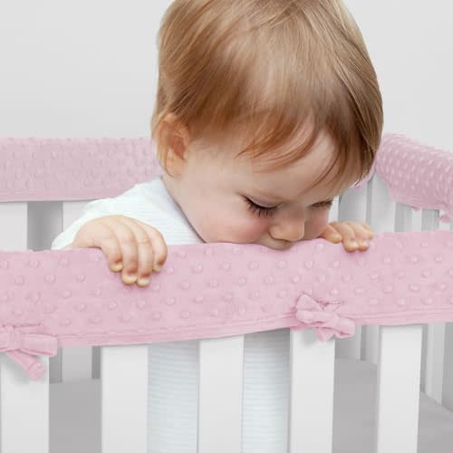 SZRUNZHU Plush Pink 3pcs New Teething Edge Crib Rail Cover&Corner Guard Coverage Straps,Reversible Guardrail Cover Protector for Boys Girls(1 Long 2 Short)