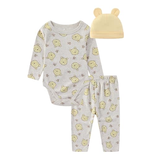 Disney Pooh Mickey Baby Boys Girls Bodysuit Pants and Cap 3 Pc Set Infants