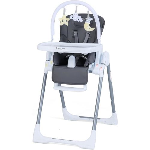 BABY JOY Foldable High Chair, Portable Highchairs for Babies and Toddlers with 7 Heights, 5 Recline Positions, Adjustable Foot Rest, Double Removable Tray & Built-in Wheels (Dark Gray)