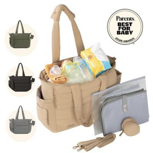 BabbleRoo Puffer Flo Tote Diaper Bag Chic Quilted Overnighter Baby Care Organizer Shoulder Bag, Taupe