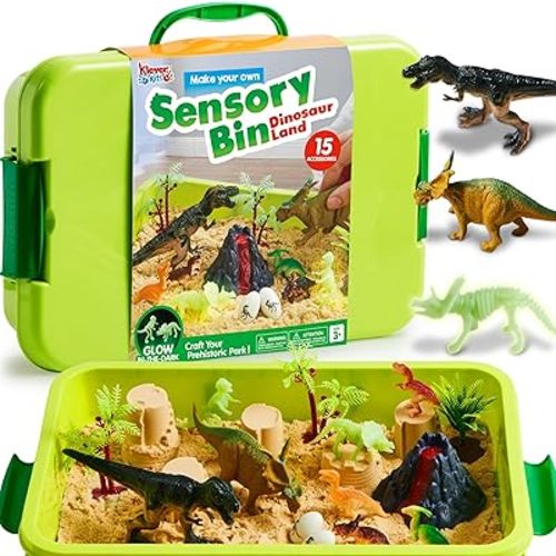 JOVA Klever Kits Dinosaurs Sensory Bin Toys for Toddlers with Glow in The Dark Dinosaurs, Sandbox with Lid Sand, Preschool Learning Activities Gifts for Boys Girls Age 3+