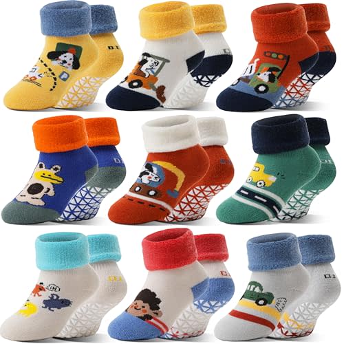 Toddlers Kids Grips Socks Warm Thermal Winter Thick Anti Slip Non Skid Ankle Crew Socks 9 Pairs for Baby Boys Girls Infants
