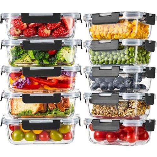 Liuruiyu 10 Pack Glass Food Storage Containers with Lids, Meal Prep Containers, Airtight Bento Boxes with Leak Proof Locking for Microwave, Oven, Freezer and Dishwasher, BPA Free