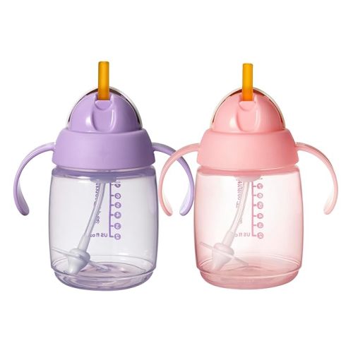 Tommee Tippee Starter Weighted Straw Baby & Toddler 10oz Sippy Cup for 6 Months+, with Silicone Weighted Straw and Easy-Hold Handles, BPA Free, Pink & Purple, Pack of 2