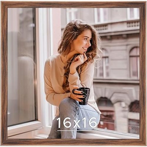 16x16 Wood Frame Brown, Rustic Natural Wooden 16x16in Poster Picture Frame, Distressed 16 x 16inch Woodgrain Gallery Photo Frame with HD Plexiglass, Horizontal Vertical Wall Mounting Display 1pcs
