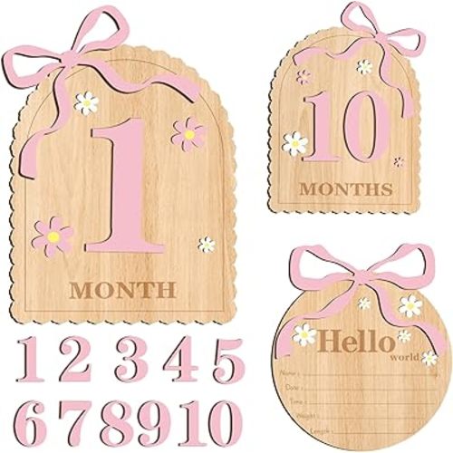 Pink Bow Hello World Newborn Sign - Baby Monthly Milestone Cards Newborn Photo Prop with Name Date Time Weight Length Wooden Milestone Sign Hello World Announcement Plaques Baby Shower New Mom Present