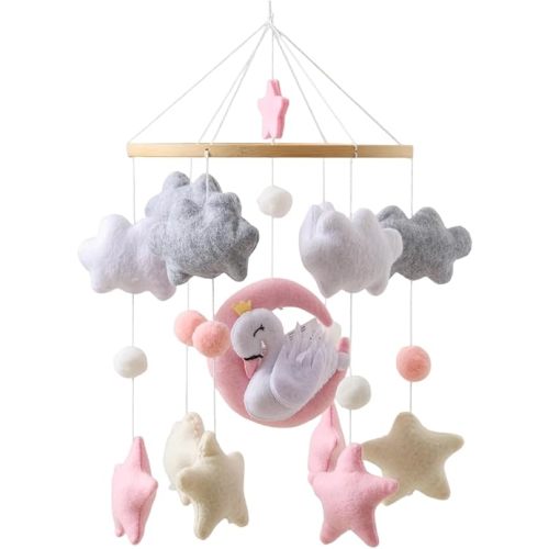 Moon Swan Baby Crib Mobile Silent Felt Cloud Star Bamboo Ring Soft Safe Silent Nursery Decor for Baby Girls Soothing Hanging Toy Newborn Gift Crib Accessory Plush Ornament Baby Room Decoration
