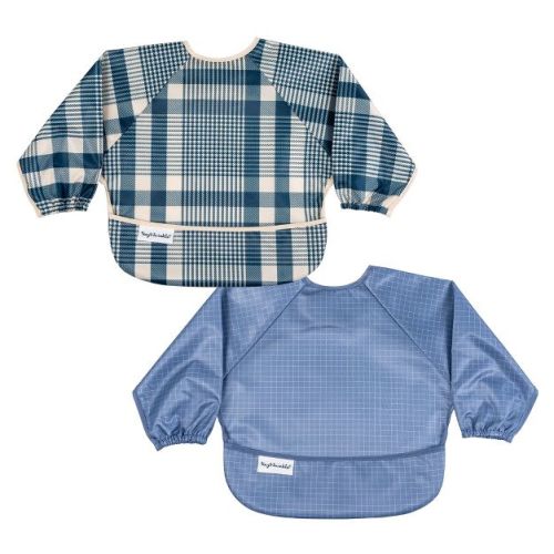 Tiny Twinkle Mess-Proof/Waterproof 2-Pack Long-Sleeve Baby Bib, Machine Washable Smock for Eating (Gingham Grid, Small 6-24 Months)