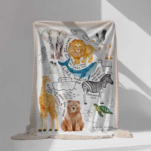 Personalized Noah's Ark Scripture Blanket for New Baby Christening gift for Baptism Biblical Christians Kids Name Blanket for Baby