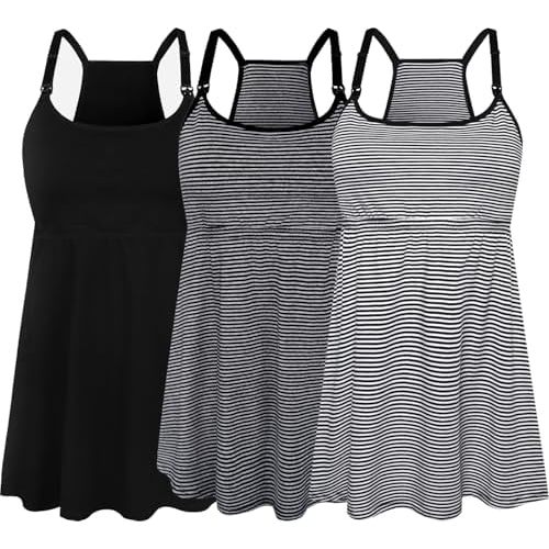 SUIEK 3 Pack Maternity Nursing Tank Tops with Bralette Cotton Breastfeeding Camisole
