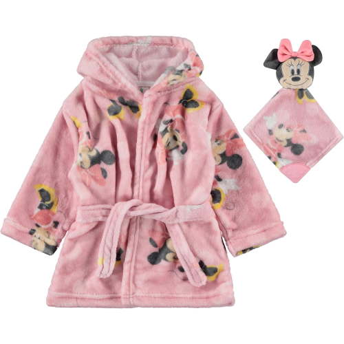 Disney Baby Hooded Plush Bath Robe with Lovey Teether, 2-Piece Set, 0–9 Months, Minnie Mouse